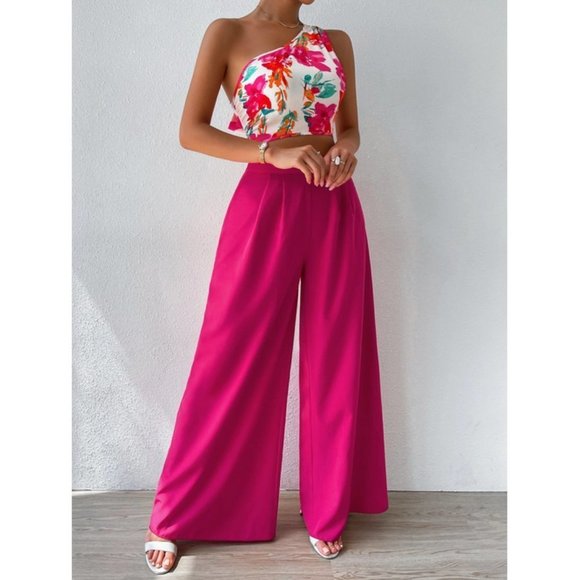 Coord set Floral Print One Shoulder Top & Wide Leg Pants - Picture 1 of 7